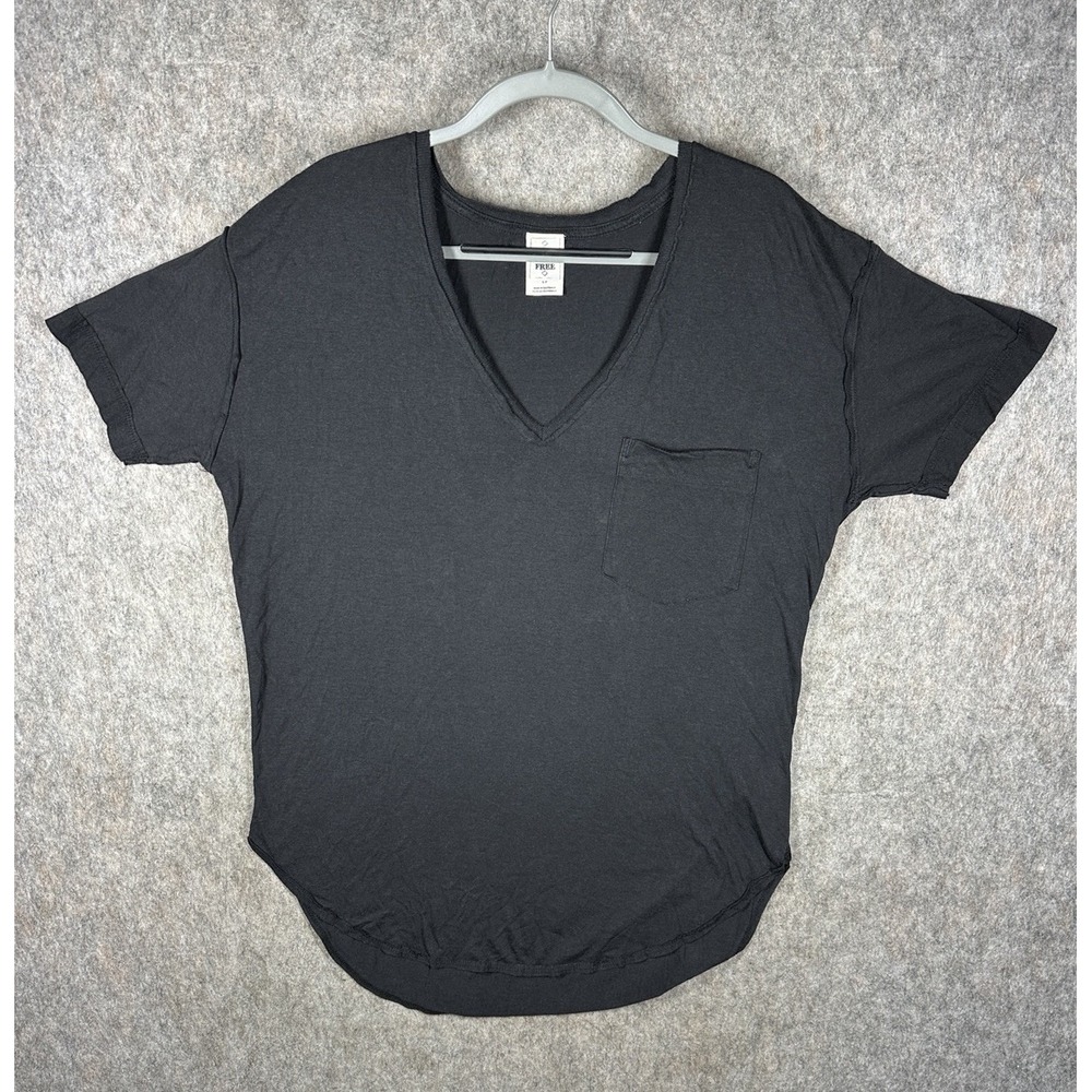 Free People We The Free Tee Womens S Black V Neck Pocket Raw Seam Supima Modal